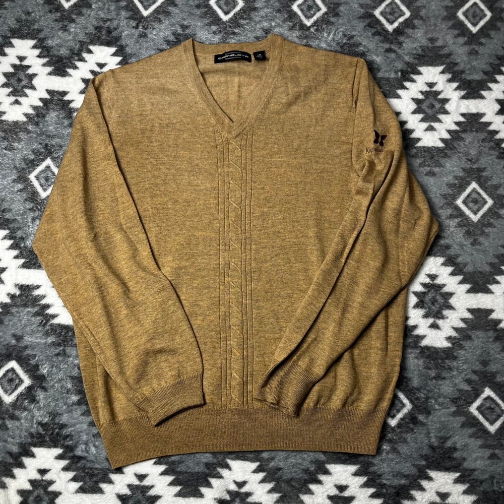 Carnoustie Mens Tan 100% Merino Wool V-Neck Sweater L Kapalua Butterfly Logo